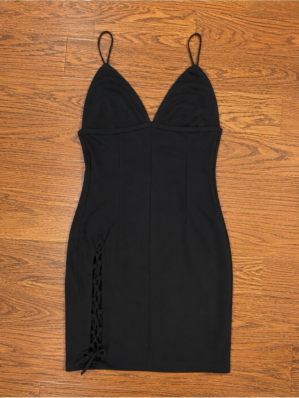 Tiger Mist Black Spaghetti-Strap Bodycon Mini Dress with Side Lace-Up